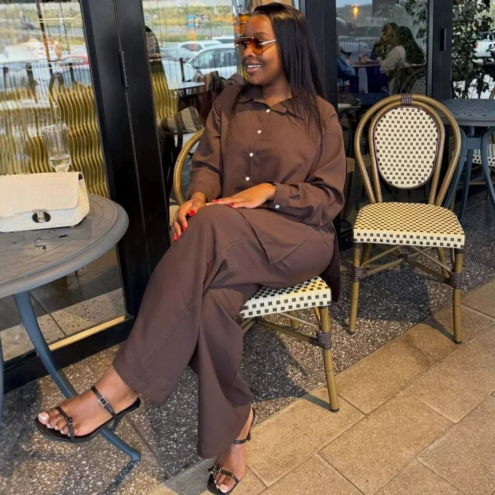 ZARA African Long Sleeve Notch Lapel Single Solid Shirt Wide Leg Pants 2PC Set